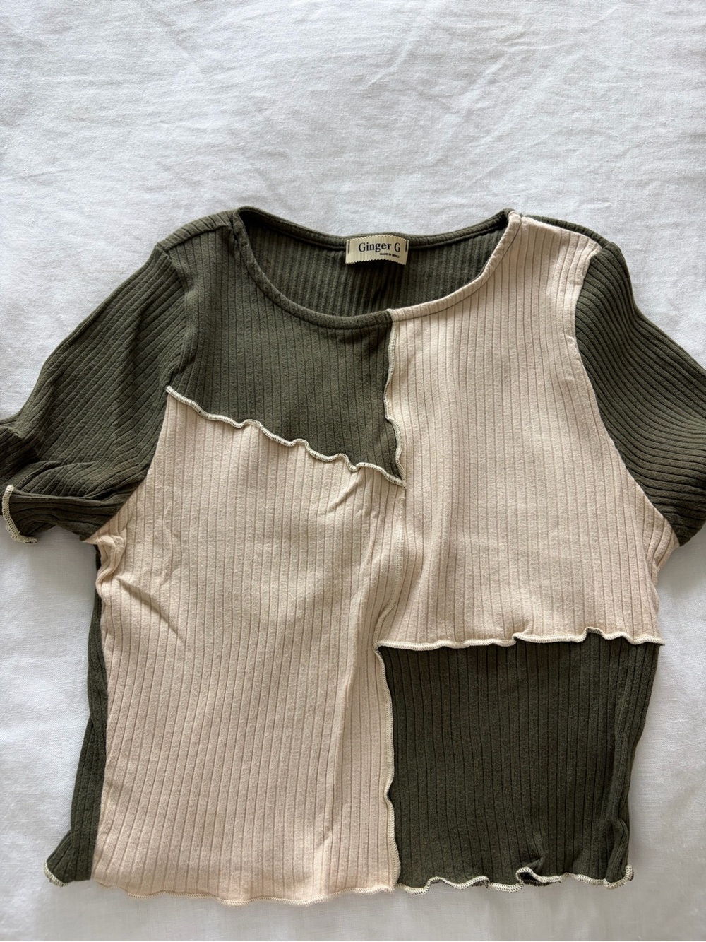 Ginger G Olive & Cream Ribbed Patchwork Tee